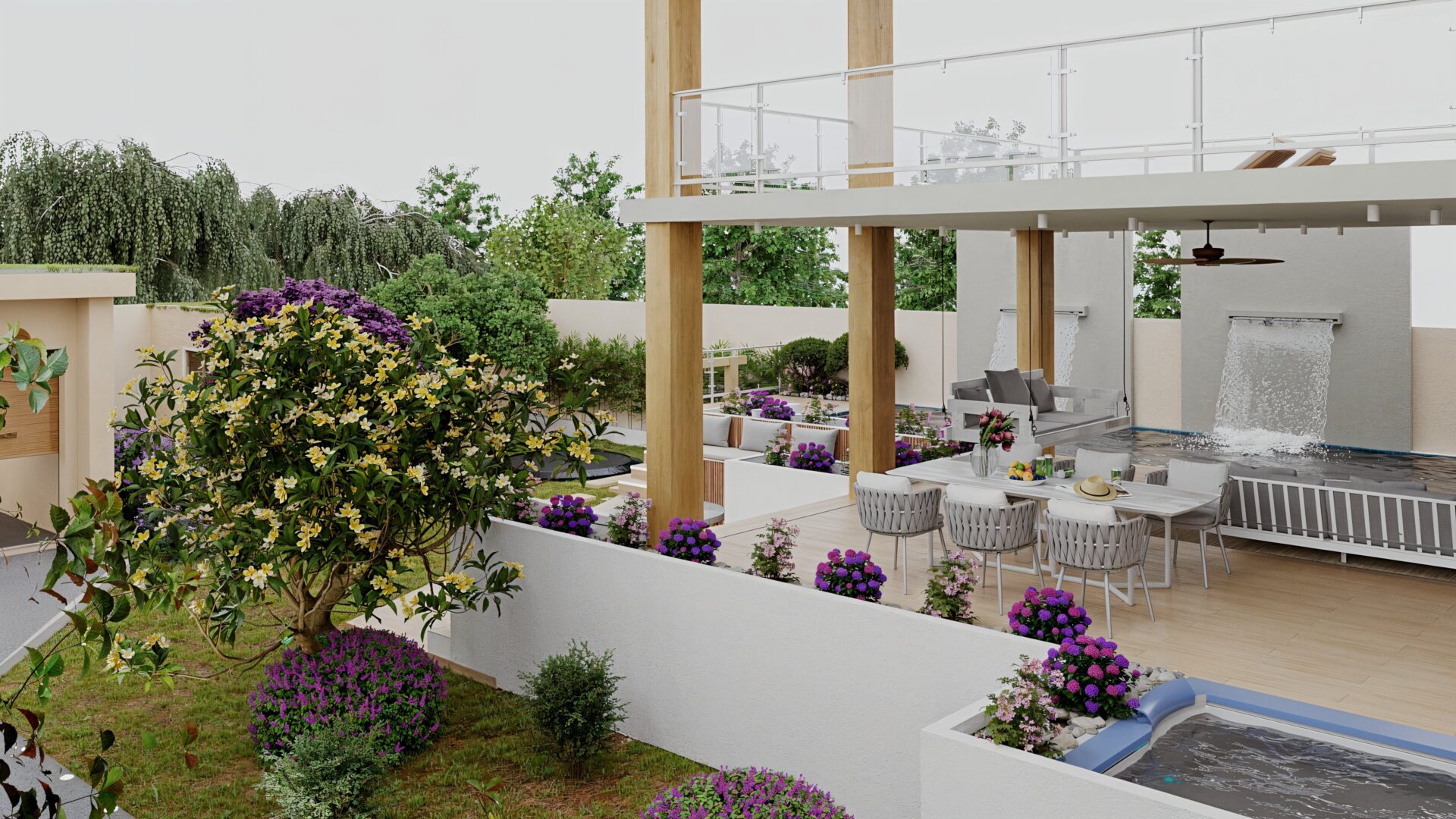 Kortárs kerttervezés – Modern luxuskert kültéri wellness és LED világítással!